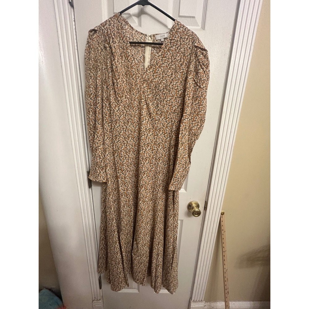 Lilou Floral Ditsy Midi Dress Mustard Rust Puff Sleeve V-Neck FGDR23L002 Medium